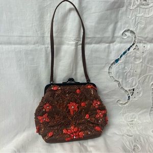 Santi Beaded Small Brown Evening Bag With Handle Boho Chic Very Good Condition